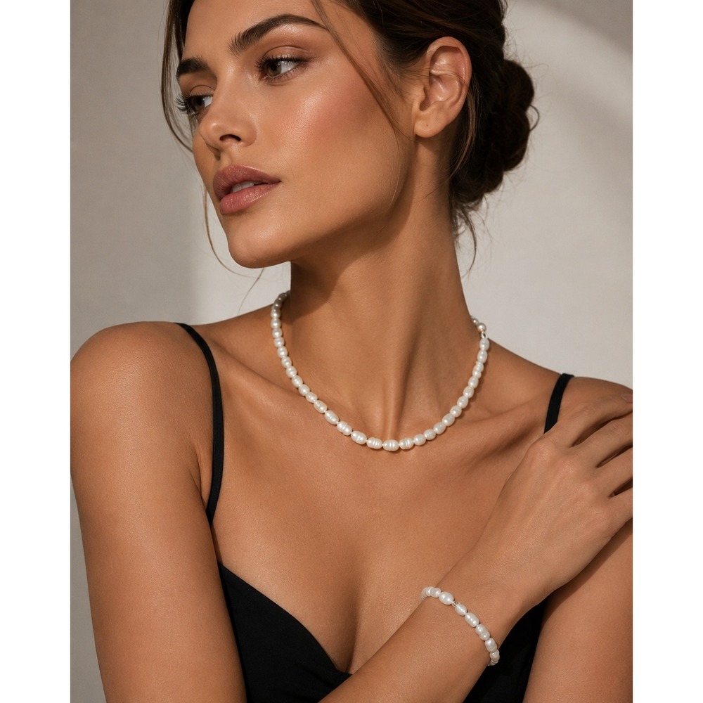 Vintage Freshwater Baroque Pearl Necklace and Bracelet Set White Cultured Strand